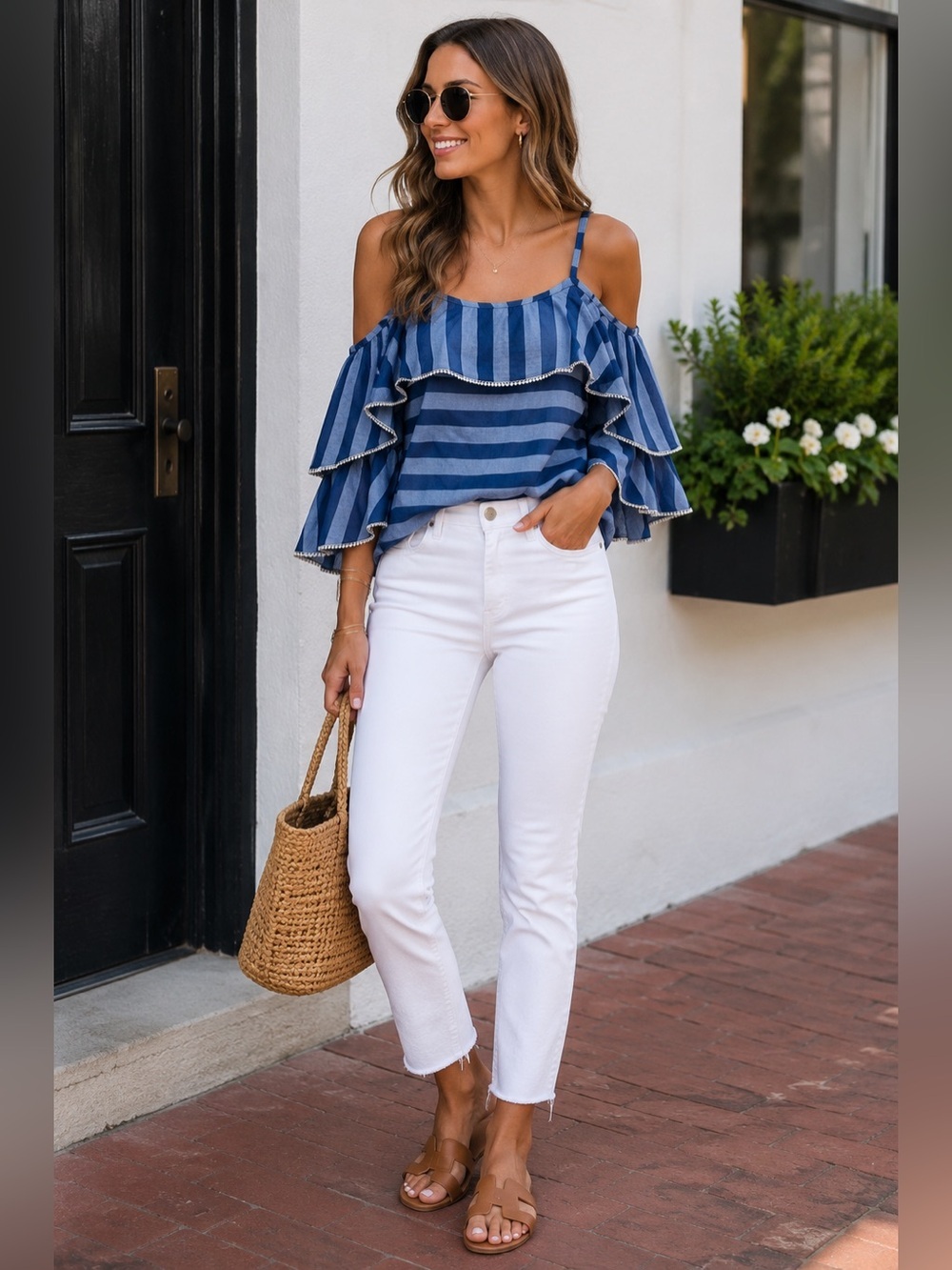 INC International Concepts Chambray Stripe Cold Shoulder Ruffle Blouse